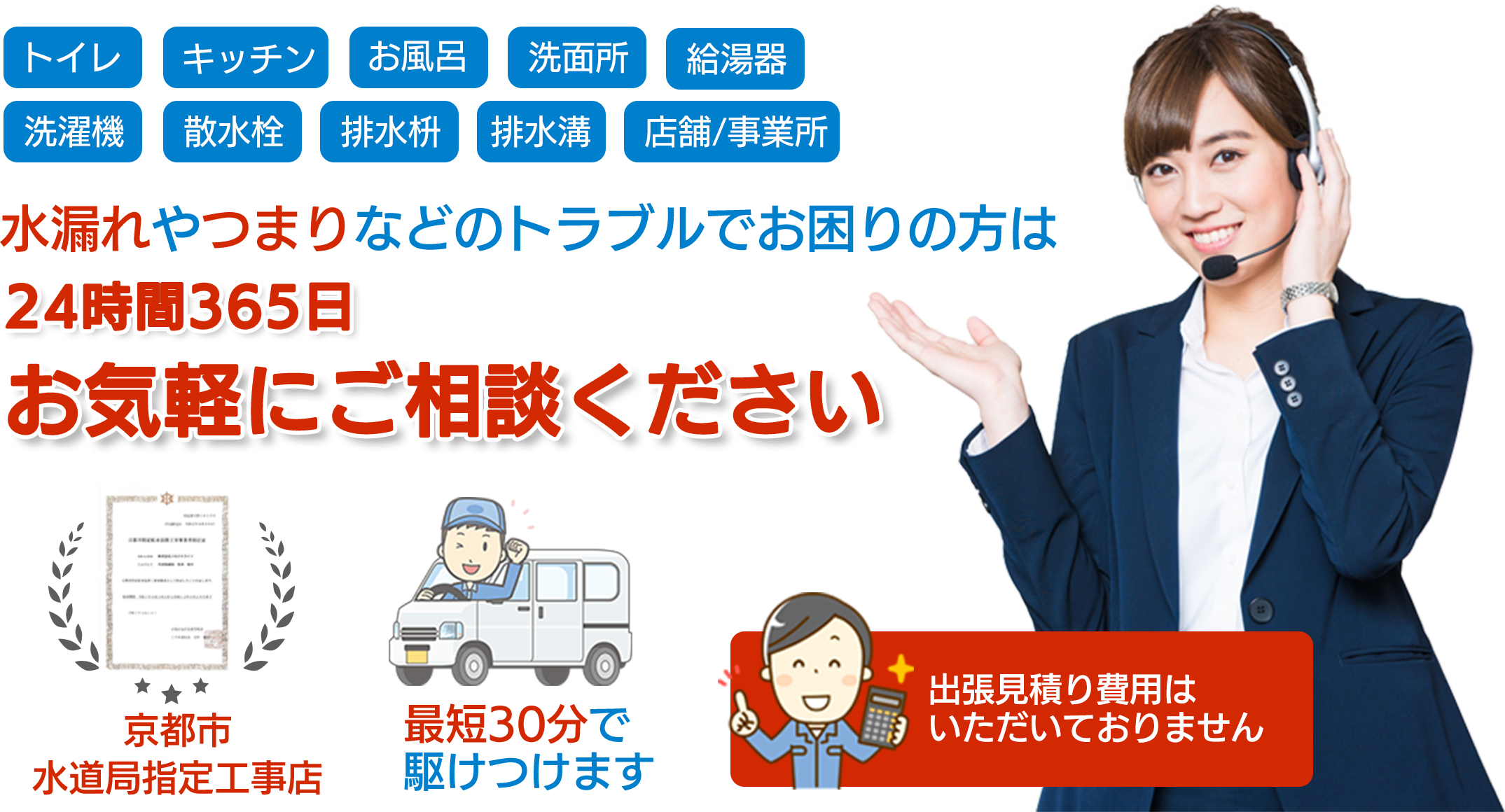 トイレ・キッチン・お風呂・洗面所・給湯器・洗濯機・散水栓・排水枡・排水溝・店舗事務所　水漏れやつまりなどのトラブルでお困りの方は24時間365日お気軽にご相談ください